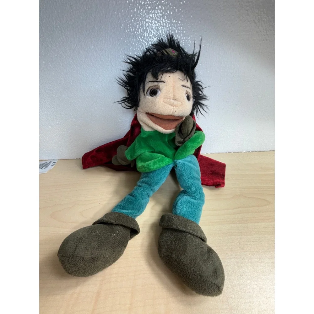 Prince Hero Hand Puppet with Red Velvet Dragon Crest Cape Black Hair Crown Plush
